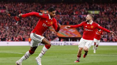 Manchester United's Marcus Rashford celebrates scoring their second goal. Reuters