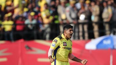 Chennai Super Kings' Tushar Deshpande celebrates after taking the wicket of Punjab Kings opener Jonny Bairstow for seven runs. AFP