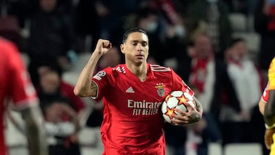 DARWIN NUNEZ AND ERLING HAALAND'S BIG-MONEY MOVES TO PREMIER LEAGUE: Benfica's Darwin Nunez celebrates after scoring his side's goal in the 3-1 Champions League quarter-final, first-leg defeat against Liverpool in Lisbon on April 5, 2022. The Uruguayan striker has now completed a move to Liverpool expected to be worth around £85m. AP Photo
