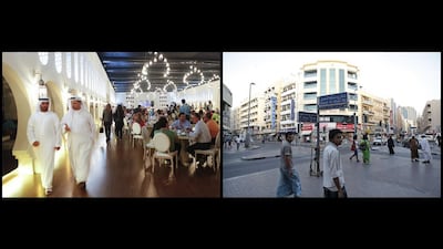 Diners fill the dining hall during suhoor at a Ramadan tent in Downtown Dubai / The streets slowly fill as sunset approaches in Deira