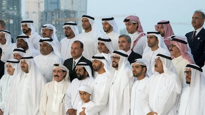 Sheikh Mohammed bin Zayed, Crown Prince of Abu Dhabi and Deputy Supreme Commander of the UAE Armed Forces (front row fifth left), stands for a photograph with members of "Brainstorm Alliance" initiative, co-ordinated by The Emirates Center for Strategic Studies and Research (ECSSR), during a Sea Palace barza. Seen with Sheikh Tahnoon bin Mohammed, Ruler's Representative in Al Ain (front row, fourth left), Sheikh Tahnoon bin Mohammed (front centre) an Dr Jamal Al Suwaidi, Director General of the Emirates Center for Strategic Studies and Research (ECSSR) (front row, fourth right). Courtesy Crown Prince Court - Abu Dhabi