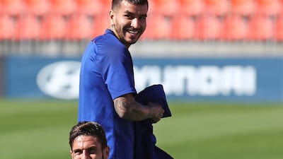 Koke (front) and Correa (back) during a training session at Wanda Sport City. EPA