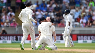 England all-rounder Ben Stokes of celebrates with James Anderson after dismissing India captain Virat Kohli on Day 4 at Edgbaston. Getty Images