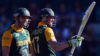 South Africa's AB de Villiers celebrates during his unbeaten 162 on Friday in a Cricket World Cup win over West Indies in Sydney. Saeed Khan / AFP / February 27, 2015