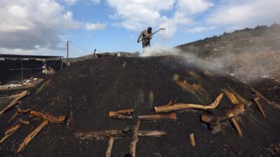 A worker tends to a charcoal kiln in the West Bank village of Yabed. Around to 10,00 Palestinians are engaged in a fully manual labour to turn wood into charcoal in a 10-day process during which the kilns have to be permanently supervised. Alaa Badarneh / EPA