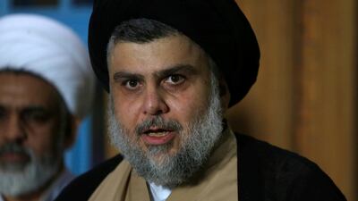 Iraqi Shiite cleric Moqtada Al Sadr speaks during a news conference with leader of the Conquest Coalition and Iran-backed militia Badr Organisation, Hadi Al Amiri, in Najaf, Iraq. Reuters