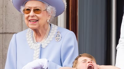 Queen Elizabeth II and Prince Louis on the balcony of Buckingham Palace, to view the platinum jubilee flypast. Taken by Samir Hussein. WireImage/PA
