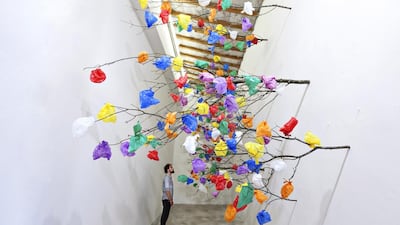 Plastic Tree C by Pascale Marthine Tayou, a prominent artist from Cameroon. His use of plastic bags, which have become a symbol of our consumerist society, offer a colourful critique of capitalism and widespread pollution. Courtesy Pascale Marthine Tayou / Galleria Continua