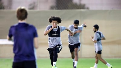 UAE's Omar Abdulrahman, second left, training at Al Wasl Sports Club, Dubai, before their upcoming World Cup qualifier against Indonesia . Chris Whiteoak / The National