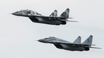 File photo of MIG-29 fighter aircraft flying over a military air base in Vasylkiv, Ukraine. Reuters