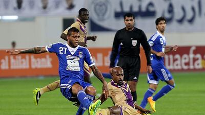 Leonardo Lima, left, was superb for Al Nasr on Monday night as his goal turned the match in the Dubai club’s favour. Satish Kumar / The National