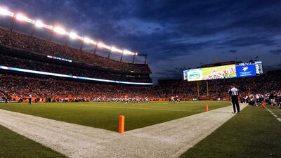 In this Aug. 29, 2013, photo, Sports Authority Field at Mile High stands under the lights during a preseason NFL football game between the Denver Broncos and the Arizona Cardinals in Denver. One Colorado-based company thinks it has found one way to help Twitter, and itself, make money. Wayin has partnered up with the Broncos to project tweeted photos and tweets from fans onto the Sports Authority Field at Mile High's Thundervision 2, the stadium's marquee 40-foot high, by 220 foot wide video scoreboard. (AP Photo/Jack Dempsey) *** Local Caption *** Mile High Tweets.JPEG-0aa6e.jpg
