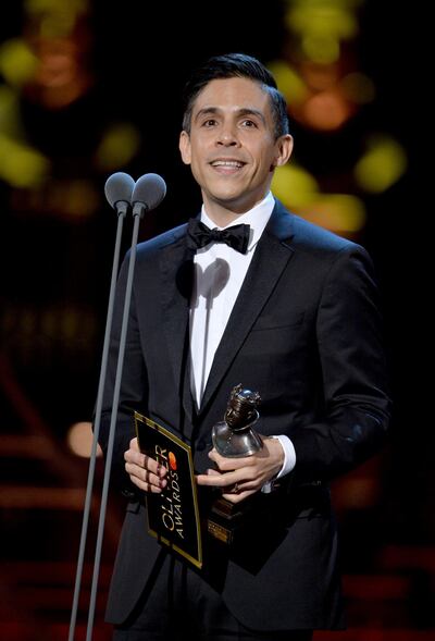Matthew Lopez, accepting the best new play award for 'The Inheritance'. Getty Images