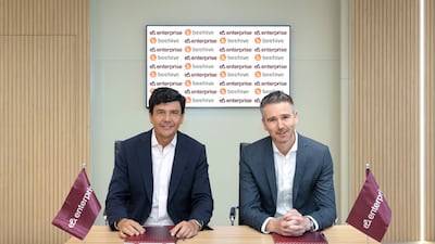 Salvador Anglada, chief executive of e& enterprise, left, and Craig Moore, Beehive’s founder and chief executive. Photo: e&