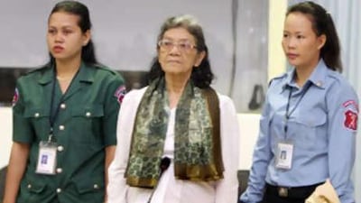 leng Thirith stands in the court room at the Extraodinary Chambers in the Court of Cambodia (ECCC) in Phnom Penh.