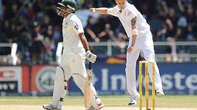 Dale Steyn celebrates taking the wicket of Asad Shafiq.