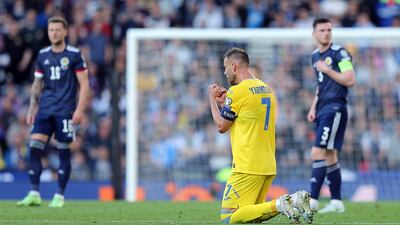 Ukraine's captain Andriy Yarmolenko (C) reacts after scoring the opening goal during the FIFA World Cup 2022 qualification playoff semi final soccer match between Scotland and Ukraine at Hampden Park in Glasgow, Scotland, Britain, 01 June 2022. EPA / Robert Perry