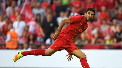 Liverpool midfielder Marko Grujic watches his header hit the back of the net. Mike Hewitt / Getty Images