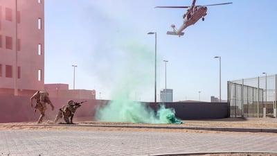 Members of the UAE Armed Forces and the Jordanian Armed Forces participate in the joint military drill at Al Hamra Camp.