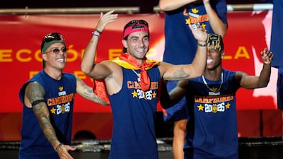 Ferran Torres, centre, with his Spain teammates during the 2026 World Cup Trophy parade in Madrid. Getty Images