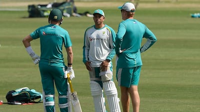 Australia's Usman Khawaja, centre, attends a practice session ahead of the first Test at the Rawalpindi Cricket Stadium. AFP