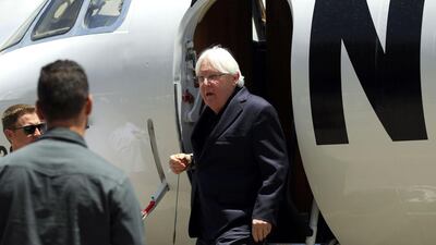 UN special envoy Martin Griffiths disembarks from a plane upon his arrival at Sanaa's international airport. AFP
