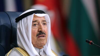 Emir of Kuwait Sheikh Sabah Al Ahmad Al Jaber Al Sabah at the opening ceremony the third Syria donors conference at Bayan palace in Kuwait City. Kuwait's emir pledged $500m at the start of event. AFP Photo