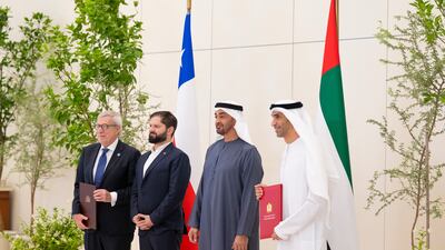 President Sheikh Mohamed, President Gabriel Boric, Dr Thani Al Zeyoudi and Alberto van Klaveren after the signing of the agreement. Photo: UAE Presidential Court ( Abdulla Al Bedwawi / UAE Presidential Court ) ---