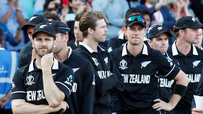 New Zealand captain Kane Williamson and teammates looks dejected as they await their runners up medals after losing Sunday's Cricket World Cup final to England at Lord's. Reuters