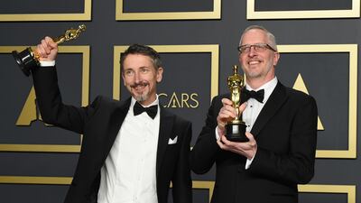 Stuart Wilson, left, and Mark Taylor, winners of the award for best sound mixing for '1917' at the at the 92nd Academy Awards on Sunday, February 9. AP