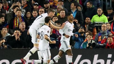 Marcus Rashford celebrates after levelling at 1-1. Reuters