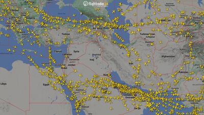 Air traffic over Iran and the Middle East on Sunday after flights were cancelled and diverted. Reuters