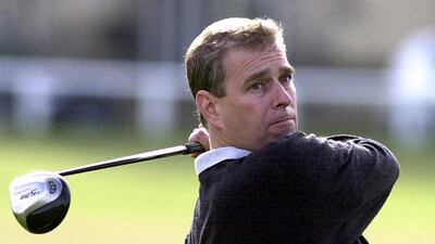 Prince Andrew plays a shot at the Royal and Ancient Golf club in St Andrews, Fife, when he was made captain. Getty/file