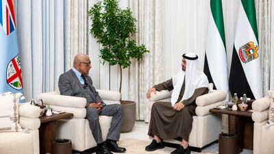 President Sheikh Mohamed, right, with Naiqama Lalabalavu, President of Fiji, at Al Shati Palace. All photos: UAE Presidential Court