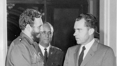 The US vice president Richard Nixon, right, shakes hands with Fidel Castro after a private meeting at Nixon’s office in Washington, DC, on April 19, 1959. AP Photo