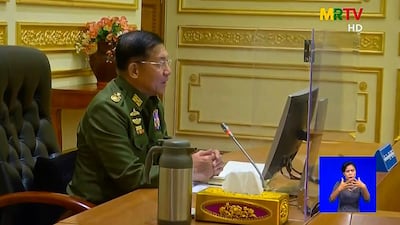 Army chief Min Aung Hlaing chairs a Cabinet meeting at the Presidential Palace in Myanmar's capital Naypyidaw on February 2, the first since civilian leaders were deposed in a coup on February 1. AFP