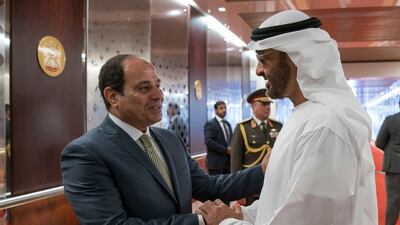 Sheikh Mohammed bin Zayed, Crown Prince of Abu Dhabi and Deputy Supreme Commander of the UAE Armed Forces (R), bids farewell to Abdel Fattah El Sisi, President of Egypt (L), at the Presidential Airport. Mohamed Al Hammadi / Crown Prince Court - Abu Dhabi