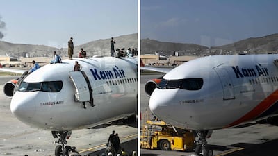 Kabul Airport at the time of the Taliban retaking the city alongside the same scene as it looks now. AFP