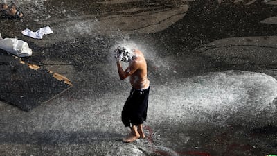 An anti-government protester takes a shower after asking riot police to spray him with their water cannon in front of the government palace in Beirut, Lebanon. AP Photo