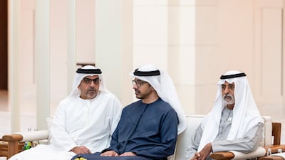 Sheikh Abdullah, Sheikh Hamed bin Zayed and Sheikh Nahyan bin Mubarak, UAE Minister of Tolerance and Coexistence, at Qasr Al Shati