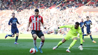 Southampton's Mohamed Elyounoussi on the ball the ball in the build up to Aymeric Laporte of Manchester City scoring an own goal. Getty