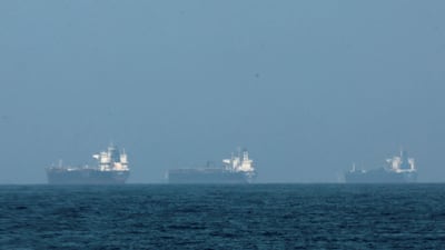 Tankers are seen off the coast of Fujairah. Inbound transit of commercial vessels through the waterway fell to zero on Tuesday, from 55 on February 26. Reuters