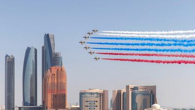 The seven jets marking the seven emirates soar over the Corniche. Courtesy: Ministry of Presidential Affairs