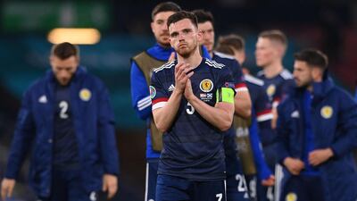 Scotland's defender Andrew Robertson greets the crowd after their defeat in the Uefa Euro 2020 Group D football match between Croatia and Scotland at Hampden Park in Glasgow on June 22, 2021. AFP