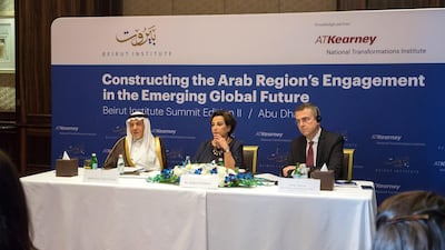 Prince Turki Al Faisal, Raghida Dergham, founder of Beirut Institute and Rudolph Lohmeyer, Vice President, Global Business Policy Council, AT Kearney, in Abu Dhabi for the second edition of the summit in the capital. The National.