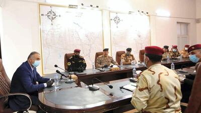 Prime Minister Mustafa Al Kadhimi meets military and security heads after arriving in Mosul six years after ISIS captured the city. Iraqi PM Media Office HO