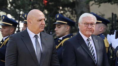 Lebanese President Joseph Aoun, left, and German President Frank-Walter Steinmeier at the presidential palace in Baabda. EPA