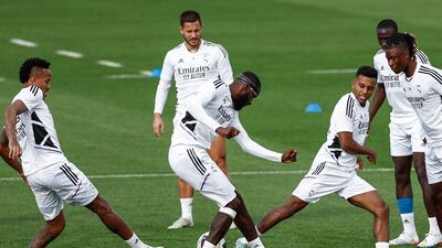 Real Madrid's Eder Militao, Antonio Rudiger, Eden Hazard, Rodrygo, Ferland Mendy and Eduardo Camavinga train on Tuesday. EPA