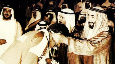 Sheikh Zayed, Founding President of the UAE, right, during the first Gulf Cup of Nations at Zayed Sports City in 1982. Courtesy Zayed Sports City