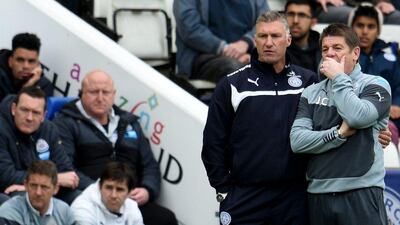 Newcastle United manager John Carver observes his side during their Premier League loss on Saturday. Ross Kinnaird / Getty Images / May 2, 2015